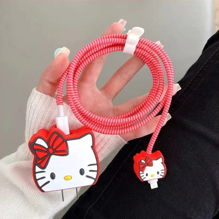 Iphone Charger Case Cover - Red Kitty - 4 Piece Set (With Wire Protector)