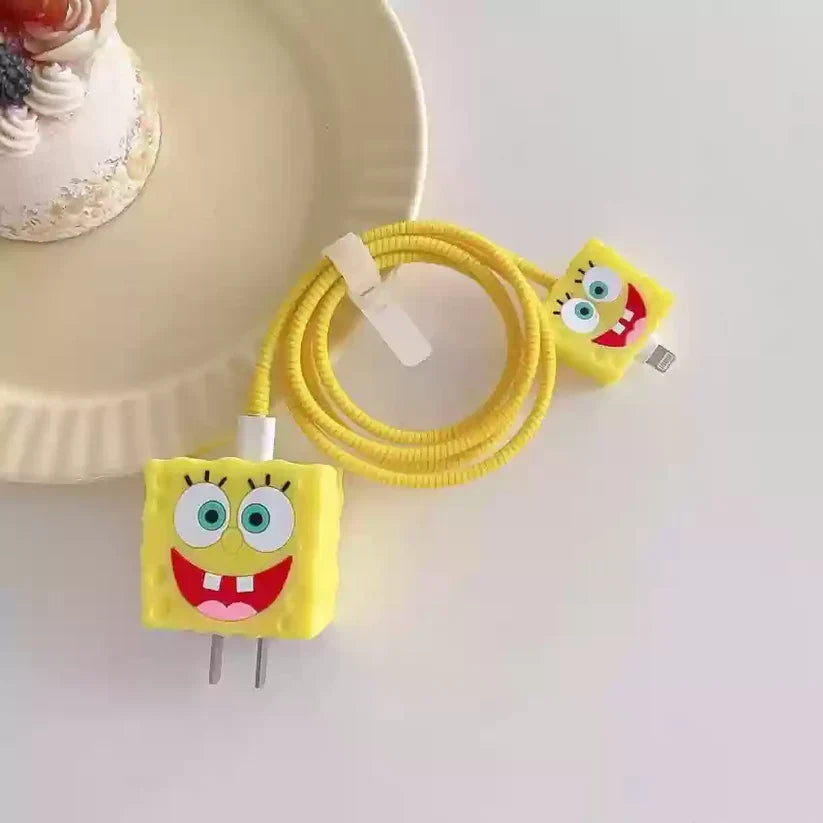 Iphone Charger Case Cover - Yellow SpongeBob - 4 Piece Set (With Wire Protector)