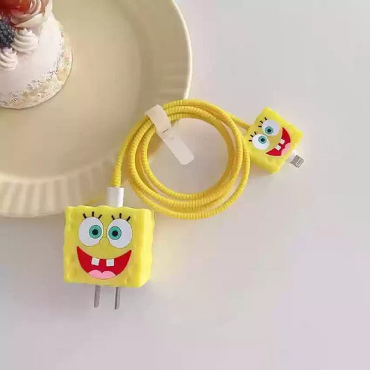 Iphone Charger Case Cover - Yellow SpongeBob - 4 Piece Set (With Wire Protector)