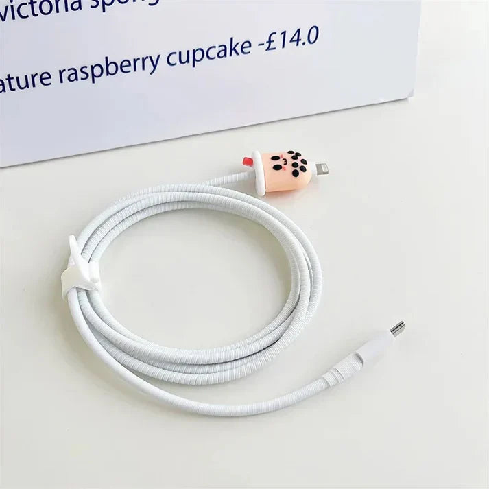 Iphone Charger Case Cover - Bubble Tea - 4 Piece Set (With Wire Protector)