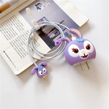 Iphone Charger Case Cover - Purple Rabbit - 4 Piece Set (With Wire Protector)