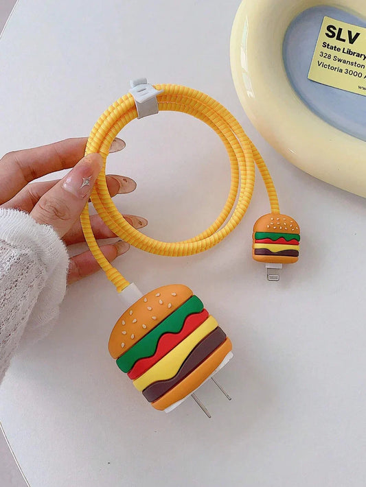 Iphone Charger Case Cover - Burger - 4 Piece Set (With Wire Protector)
