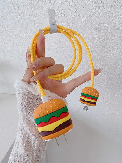Iphone Charger Case Cover - Burger - 4 Piece Set (With Wire Protector)