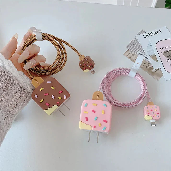Iphone Charger Case Cover - Ice Cream Brown- 4 Piece Set (With Wire Protector)
