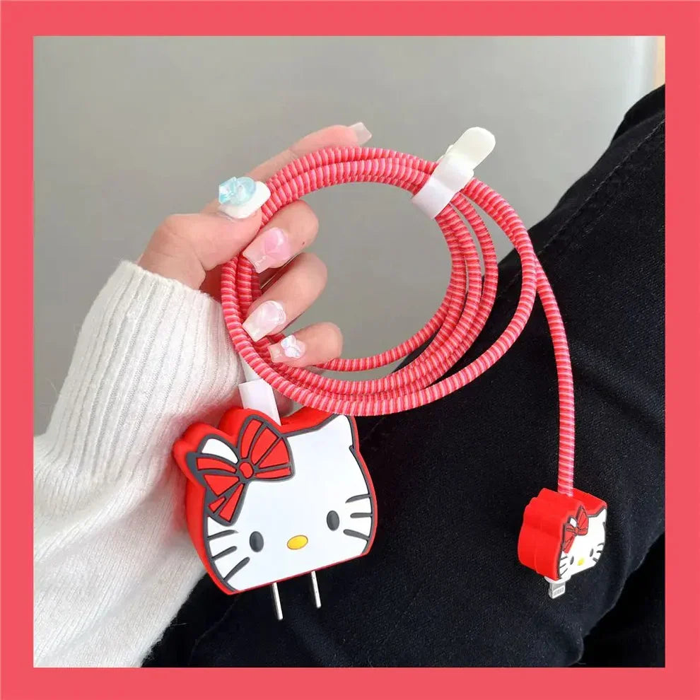 Iphone Charger Case Cover - Red Kitty - 4 Piece Set (With Wire Protector)