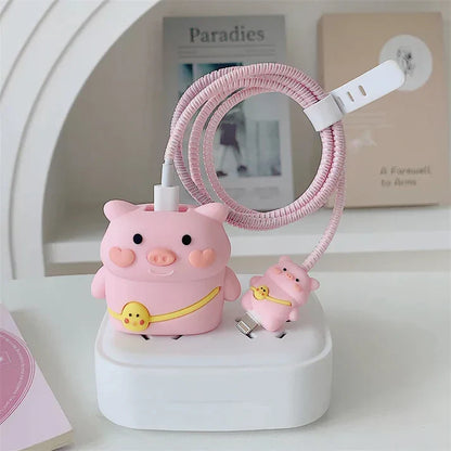 Iphone Charger Case Cover - Pink Cute Pig- 4 Piece Set