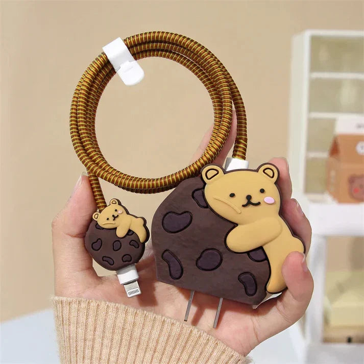 Iphone Charger Case Cover - Bear Cookie - 4 Piece Set (With Wire Protector)