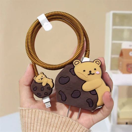 Iphone Charger Case Cover - Bear Cookie - 4 Piece Set (With Wire Protector)