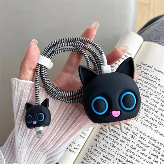 Iphone Charger Case Cover - Black Cat - 4 Piece Set (With Wire Protector)