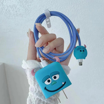 Iphone Charger Case Cover - Blue Monster - 4 Piece Set (With Wire Protector)