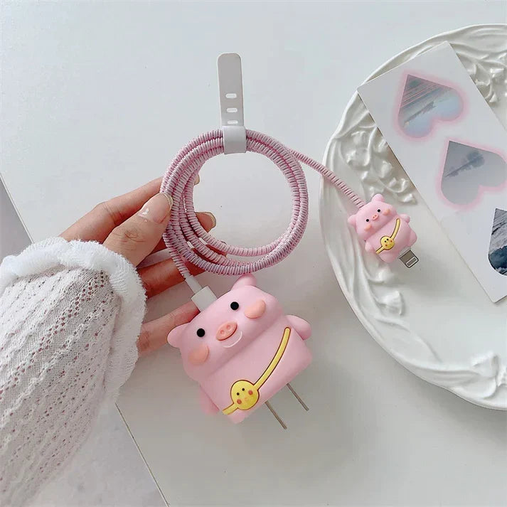 Iphone Charger Case Cover - Pink Cute Pig- 4 Piece Set