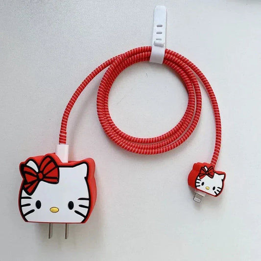 Iphone Charger Case Cover - Red Kitty - 4 Piece Set (With Wire Protector)