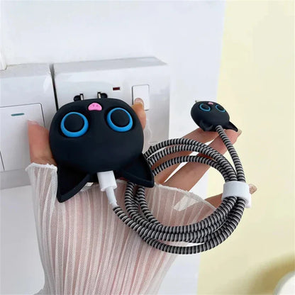 Iphone Charger Case Cover - Black Cat - 4 Piece Set (With Wire Protector)