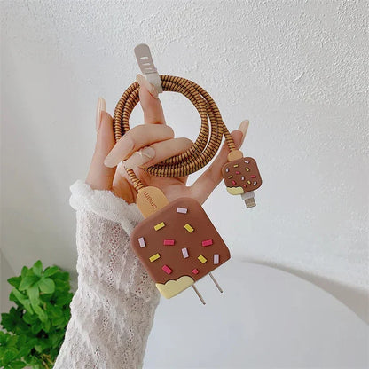 Iphone Charger Case Cover - Ice Cream Brown- 4 Piece Set (With Wire Protector)