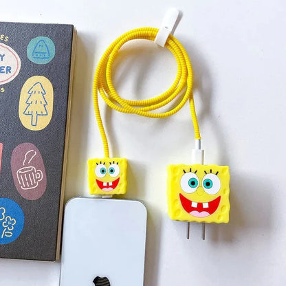 Iphone Charger Case Cover - Yellow SpongeBob - 4 Piece Set (With Wire Protector)