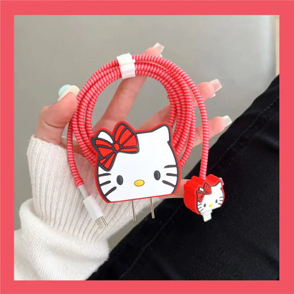 Iphone Charger Case Cover - Red Kitty - 4 Piece Set (With Wire Protector)