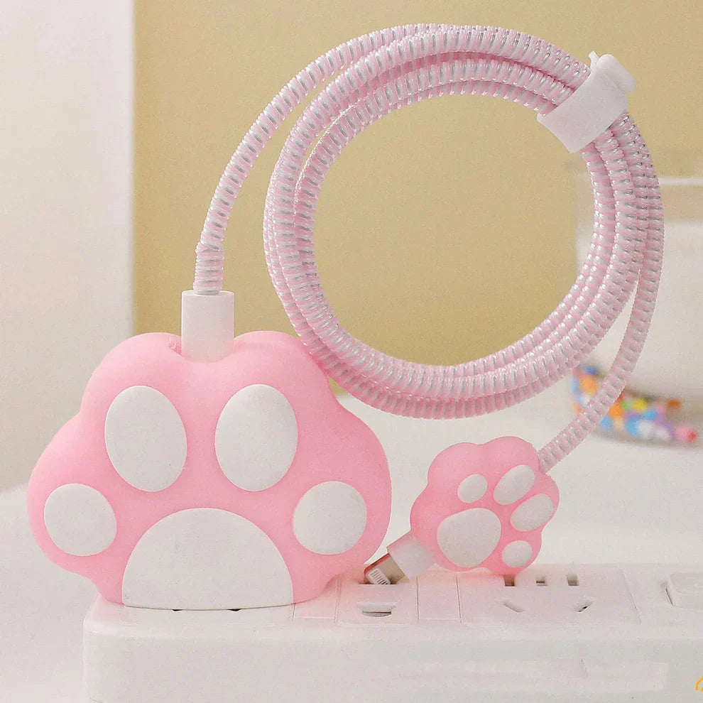 Iphone Charger Case Cover - Cute Paws - 4 Piece Set (With Wire Protector)