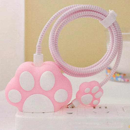 Iphone Charger Case Cover - Cute Paws - 4 Piece Set (With Wire Protector)