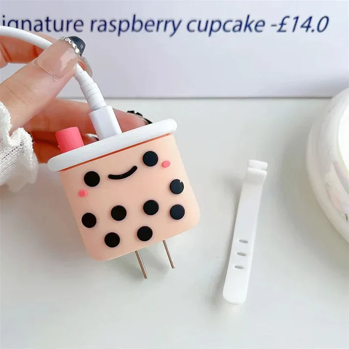 Iphone Charger Case Cover - Bubble Tea - 4 Piece Set (With Wire Protector)
