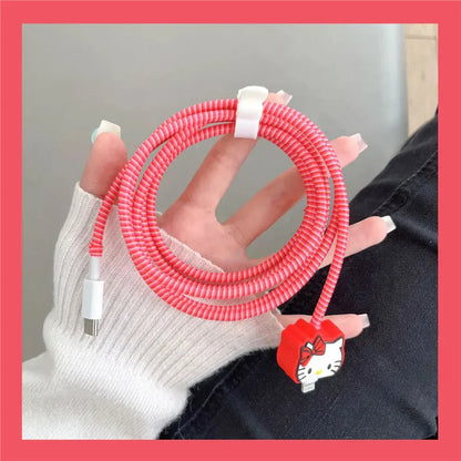 Iphone Charger Case Cover - Red Kitty - 4 Piece Set (With Wire Protector)