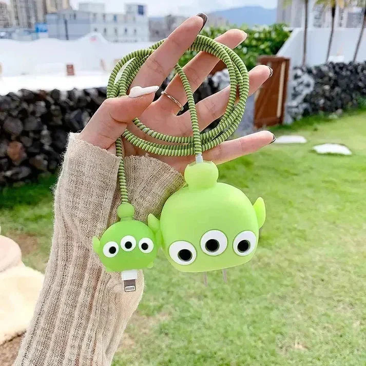 Iphone Charger Case Cover - Cute Aliens  - 4 Piece Set (With Wire Protector)