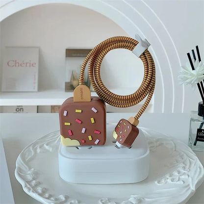 Iphone Charger Case Cover - Ice Cream Brown- 4 Piece Set (With Wire Protector)