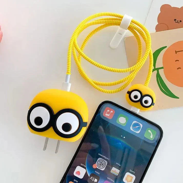 Iphone Charger Case Cover - Yellow Owl  - 4 Piece Set (With Wire Protector)