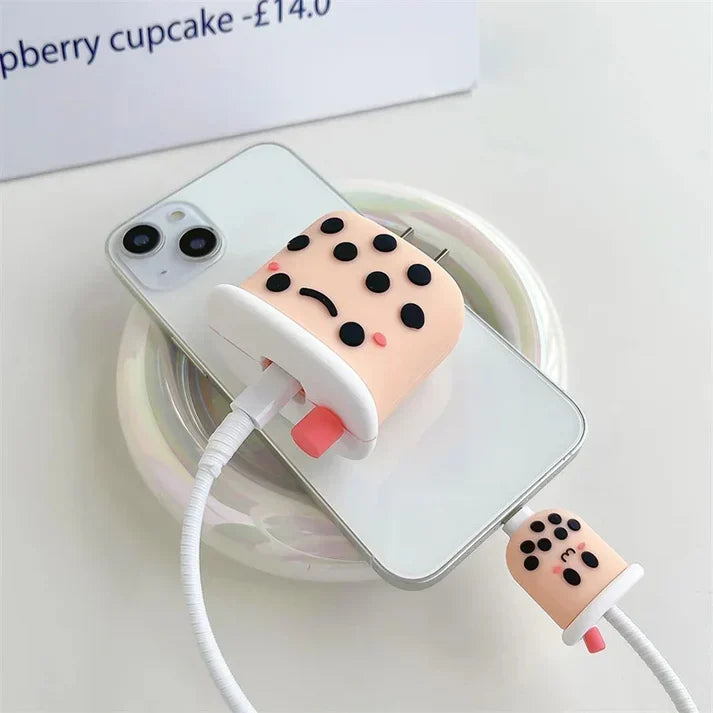 Iphone Charger Case Cover - Bubble Tea - 4 Piece Set (With Wire Protector)