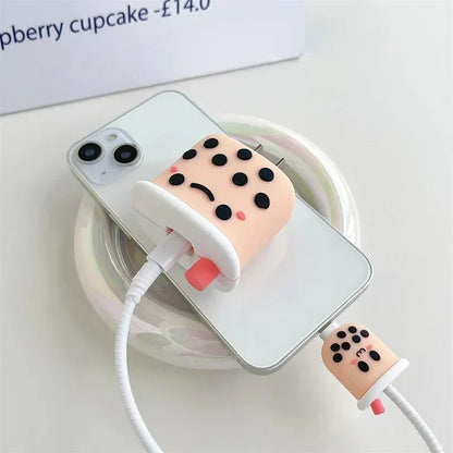 Iphone Charger Case Cover - Bubble Tea - 4 Piece Set (With Wire Protector)