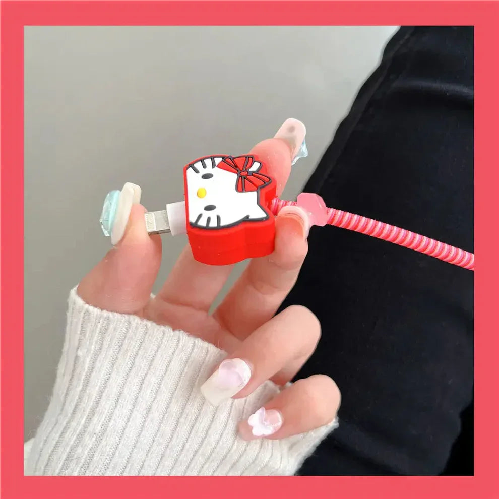 Iphone Charger Case Cover - Red Kitty - 4 Piece Set (With Wire Protector)