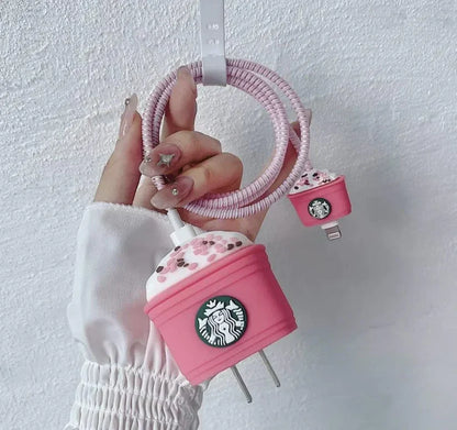Iphone Charger Case Cover - Pink Starbuck  - 4 Piece Set (With Wire Protector)