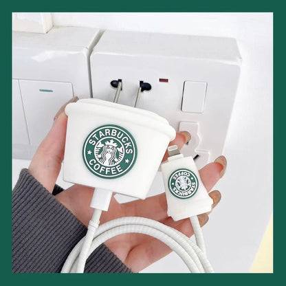 Iphone Charger Case Cover - Starbucks White - 4 Piece Set (With Wire Protector)