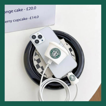 Iphone Charger Case Cover - Starbucks White - 4 Piece Set (With Wire Protector)