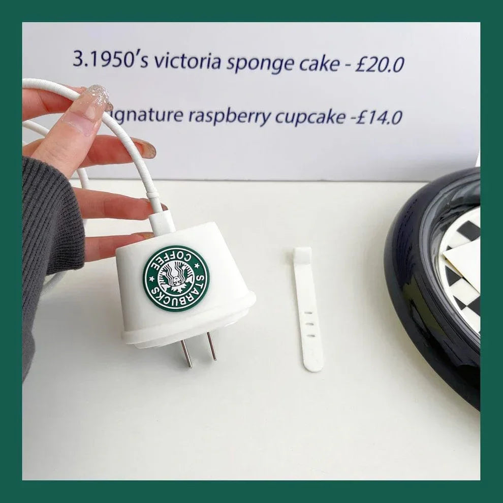 Iphone Charger Case Cover - Starbucks White - 4 Piece Set (With Wire Protector)