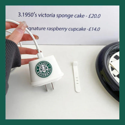 Iphone Charger Case Cover - Starbucks White - 4 Piece Set (With Wire Protector)