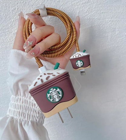 Iphone Charger Case Cover - Brown Starbuck - 4 Piece Set (With Wire Protector)