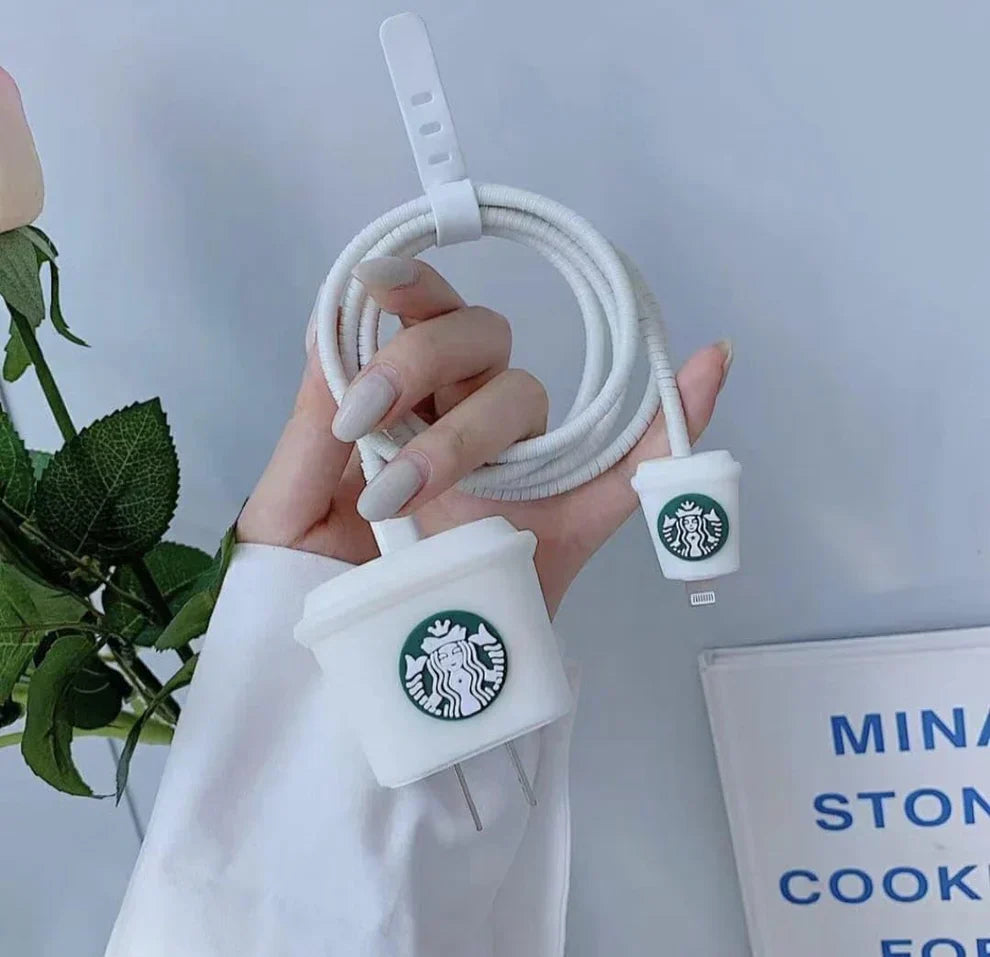 Iphone Charger Case Cover - Starbucks White - 4 Piece Set (With Wire Protector)