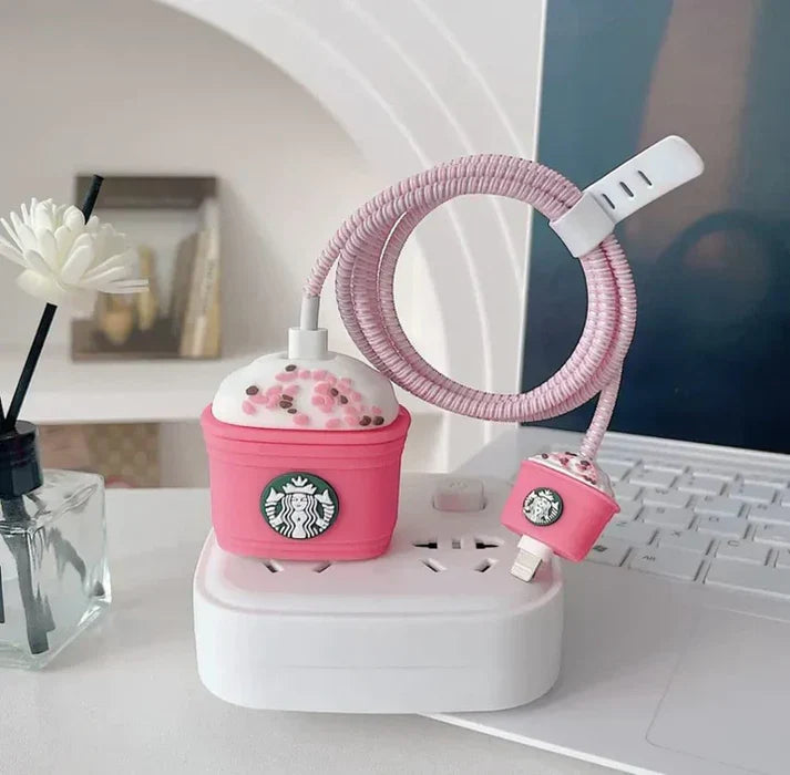 Iphone Charger Case Cover - Pink Starbuck  - 4 Piece Set (With Wire Protector)