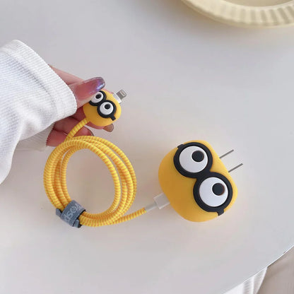 Iphone Charger Case Cover - Yellow Owl  - 4 Piece Set (With Wire Protector)