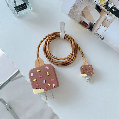 Iphone Charger Case Cover - Ice Cream Brown- 4 Piece Set (With Wire Protector)