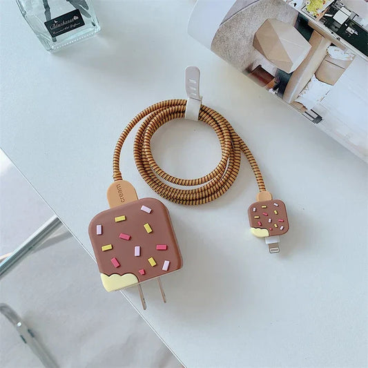 Iphone Charger Case Cover - Ice Cream Brown- 4 Piece Set (With Wire Protector)