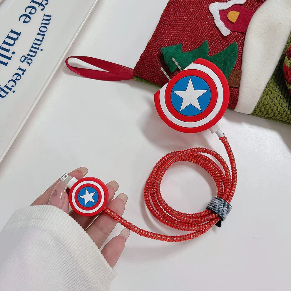 Iphone Charger Case Cover - Captain America Shield  - 4 Piece Set (With Wire Protector)