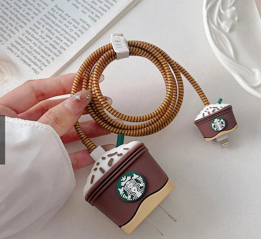 Iphone Charger Case Cover - Brown Starbuck - 4 Piece Set (With Wire Protector)