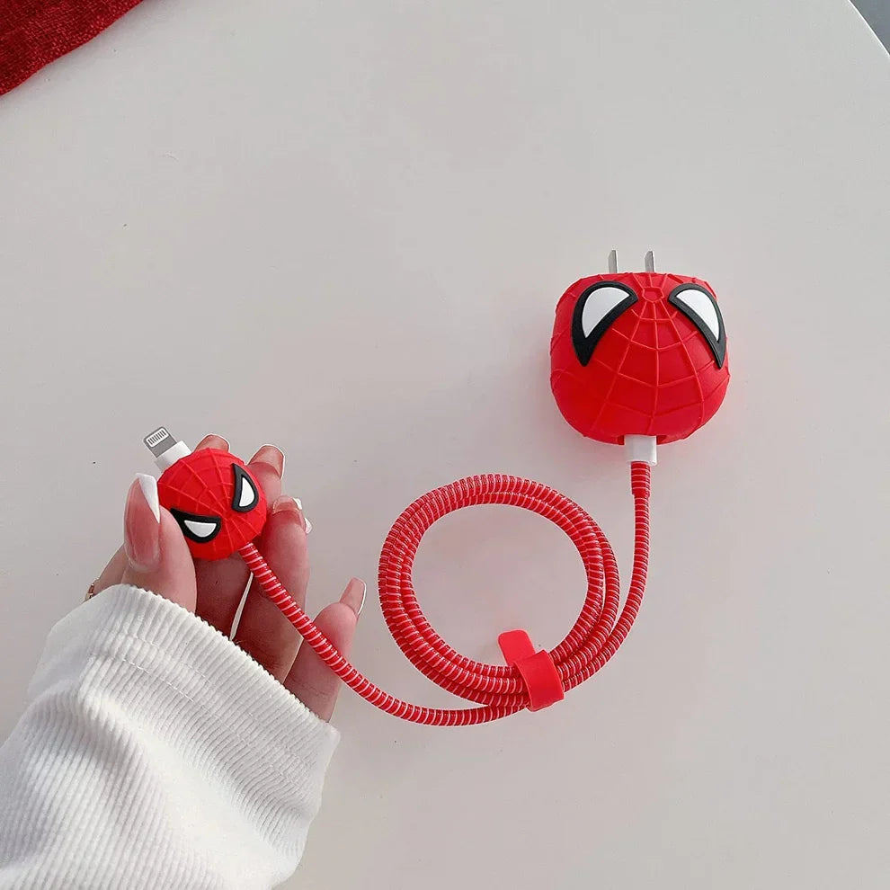 Iphone Charger Case Cover - Spiderman  - 4 Piece Set (With Wire Protector)