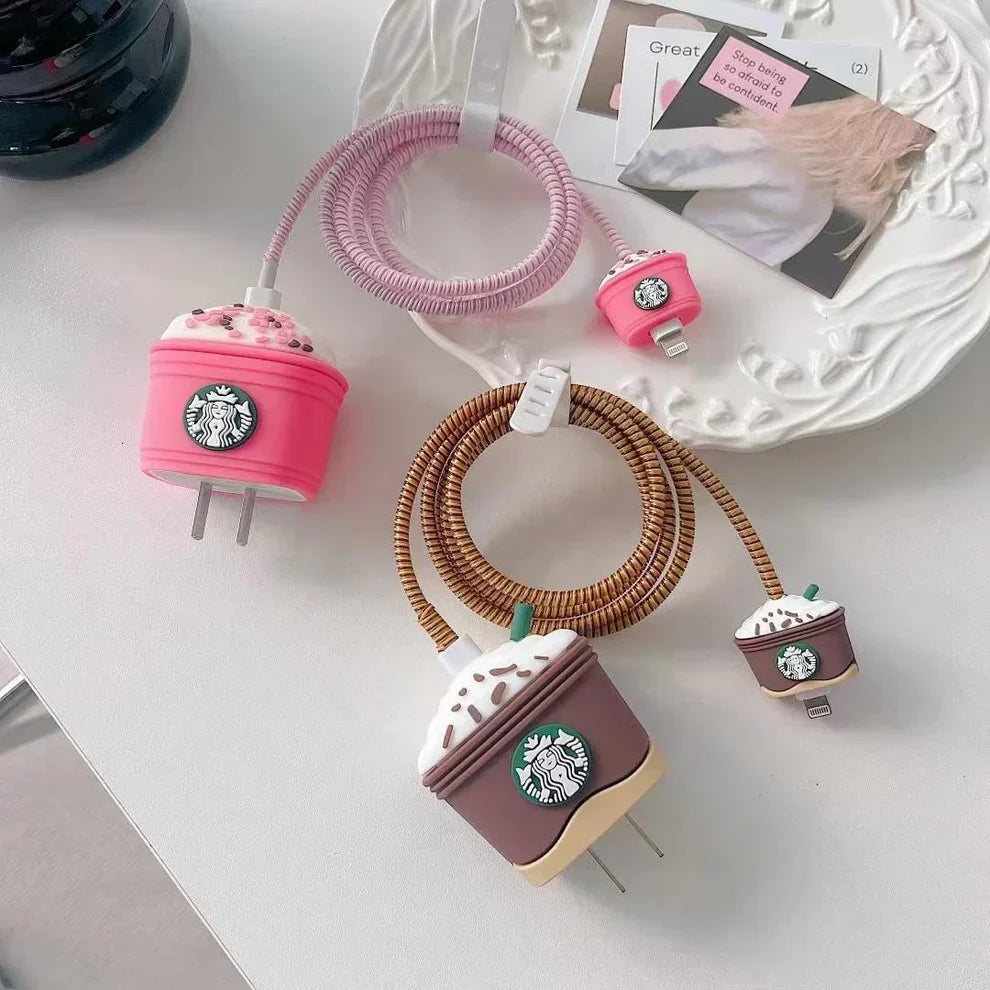 Iphone Charger Case Cover - Pink Starbuck  - 4 Piece Set (With Wire Protector)