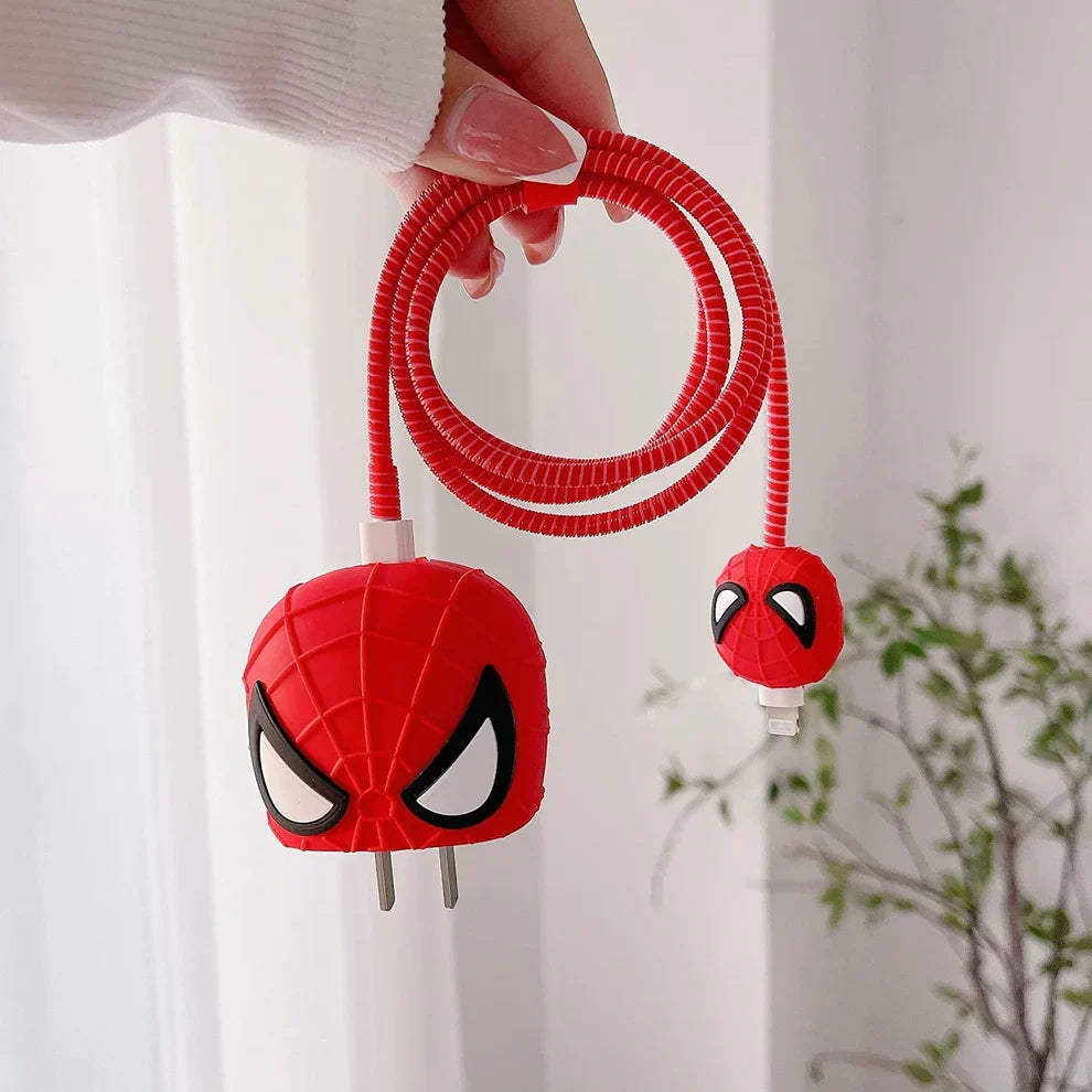Iphone Charger Case Cover - Spiderman  - 4 Piece Set (With Wire Protector)