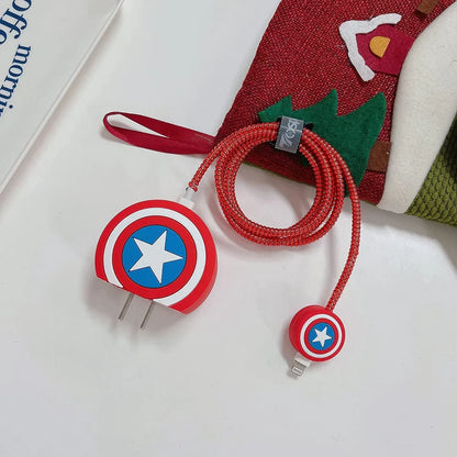 Iphone Charger Case Cover - Captain America Shield  - 4 Piece Set (With Wire Protector)