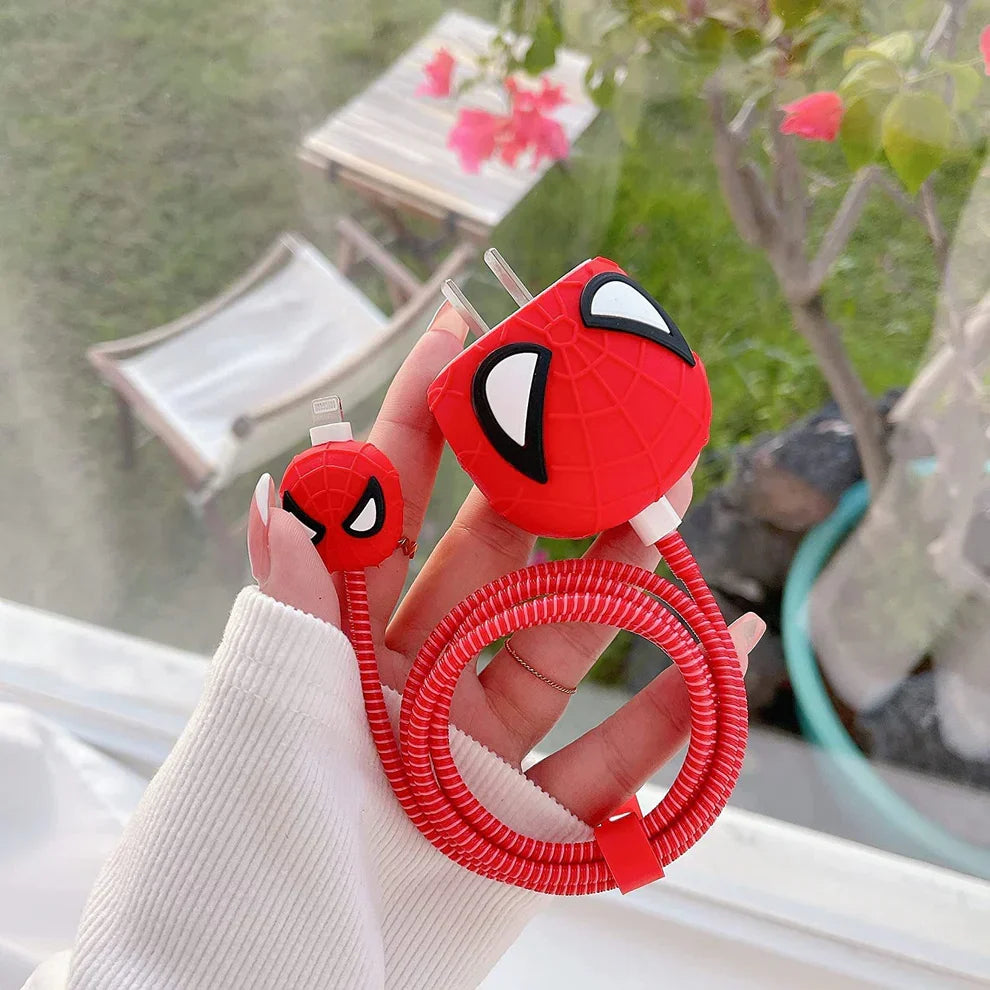 Iphone Charger Case Cover - Spiderman  - 4 Piece Set (With Wire Protector)