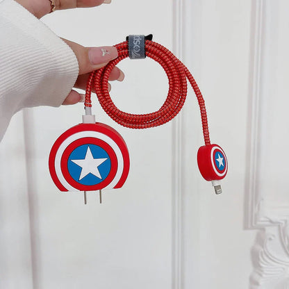 Iphone Charger Case Cover - Captain America Shield  - 4 Piece Set (With Wire Protector)