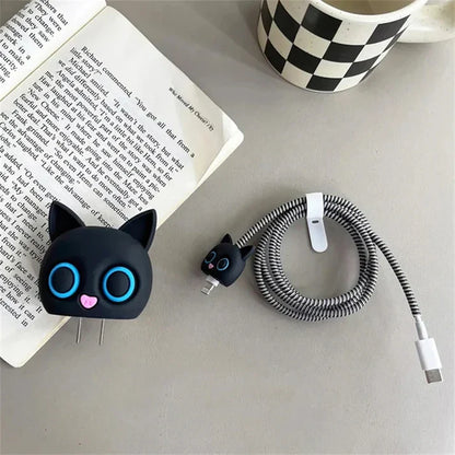 Iphone Charger Case Cover - Black Cat - 4 Piece Set (With Wire Protector)